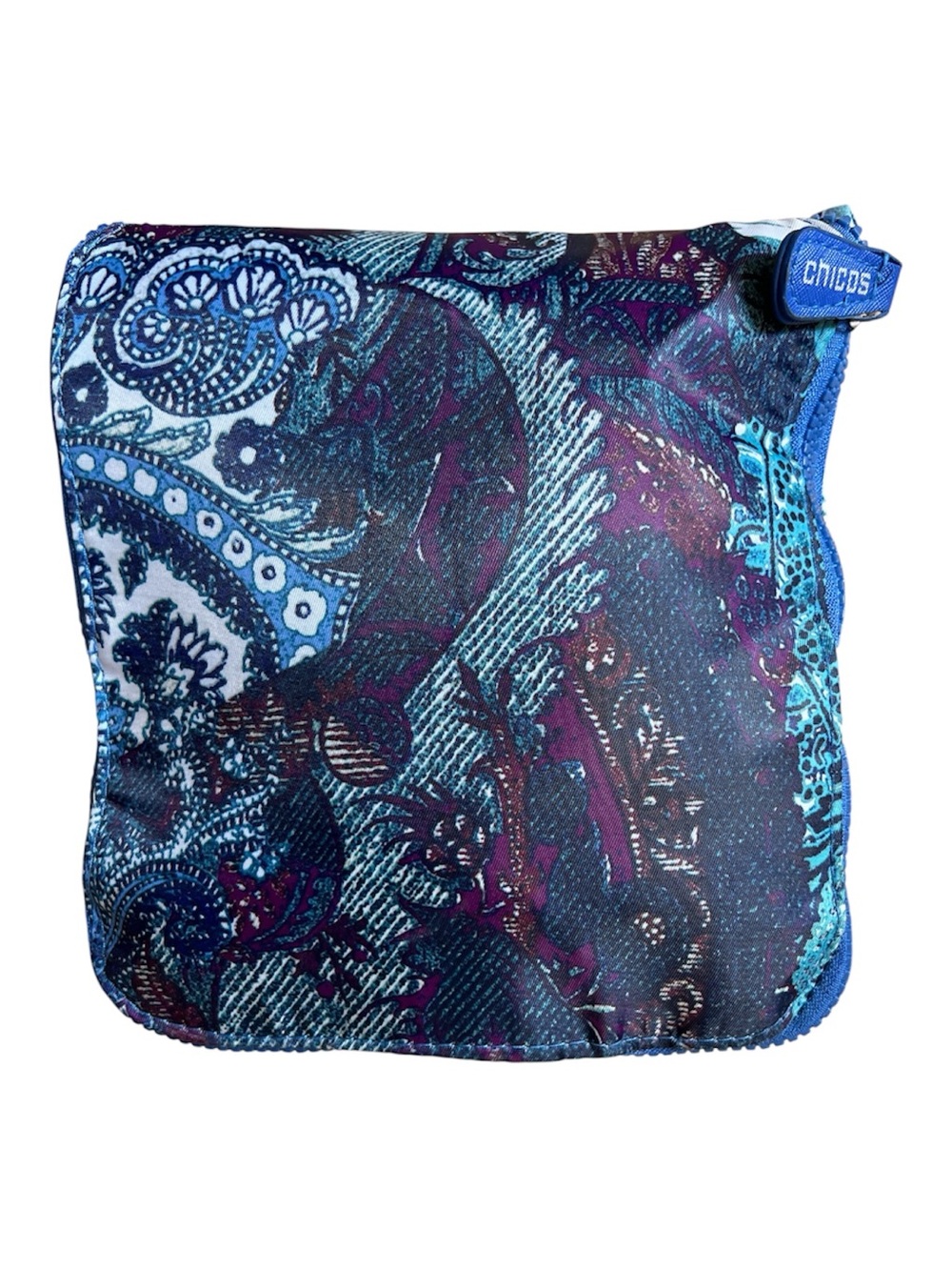 Chico's Packable Foldable Travel Tote Bag Paisley Blue Purple Large Expandable